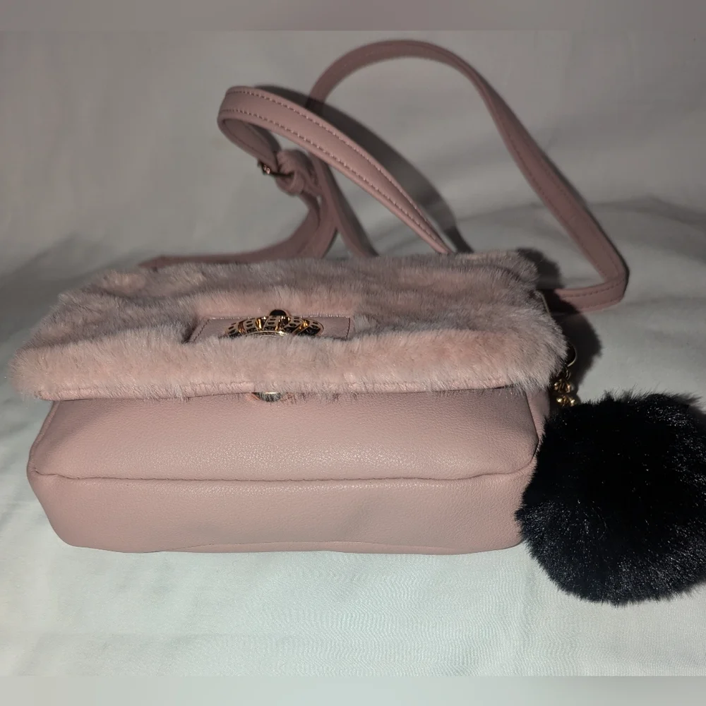Juicy Couture Pink Faux Fur Crossbody Bag with Crown Emblem And Pom Pom Keychain